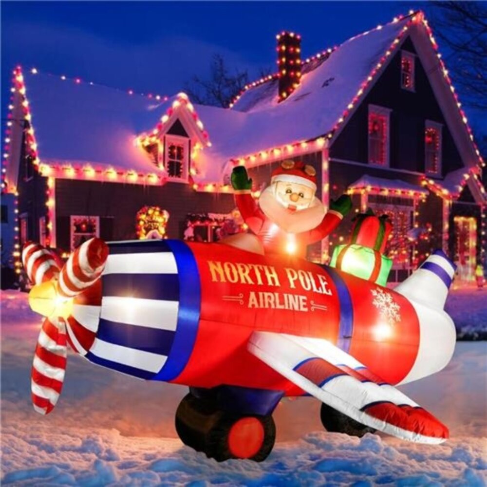 Santa 8FT Airplane Christmas Inflatable Outdoor Decorations with‎ LED Lights,